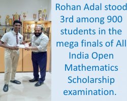 Rohan Adal stood 3rd among 900 students in the mega finals of All India Open Mathematics Scholarship examination